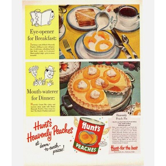 1951 Hunt's Canned Peaches Vintage Print Ad Peach Pie Breakfast 50s Wall Art - Picture 1 of 2
